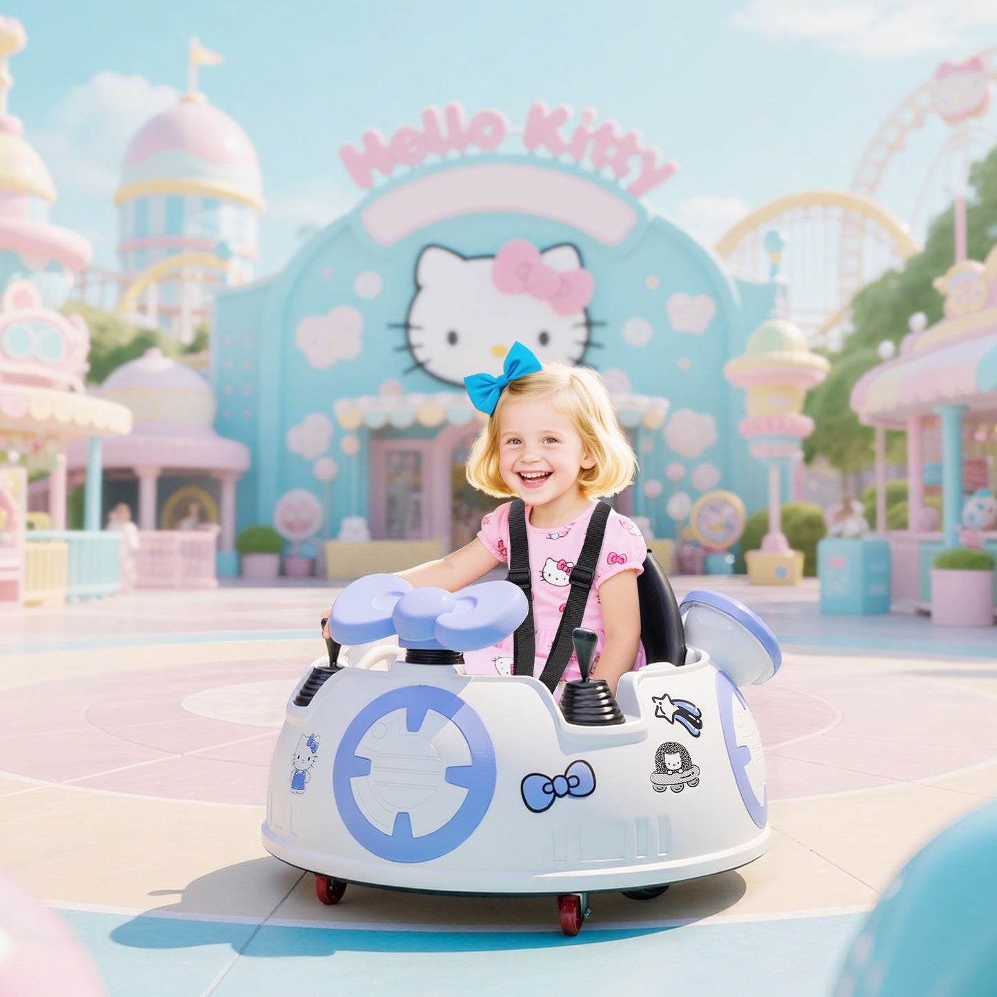 Hello Kitty Kids Ride On Bumper Car With Remote Control, Two Joysticks, Music, Lights, Safety Belt, White