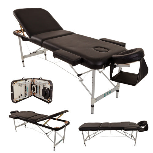 Massage Table Couch Bed Aluminium Tattoo Spa Reiki Portable Folded 3 Section With Premium PU Leather And 5 Cm High Density Multi-Layer Foam Headrest Arm Support And Carrying Bag