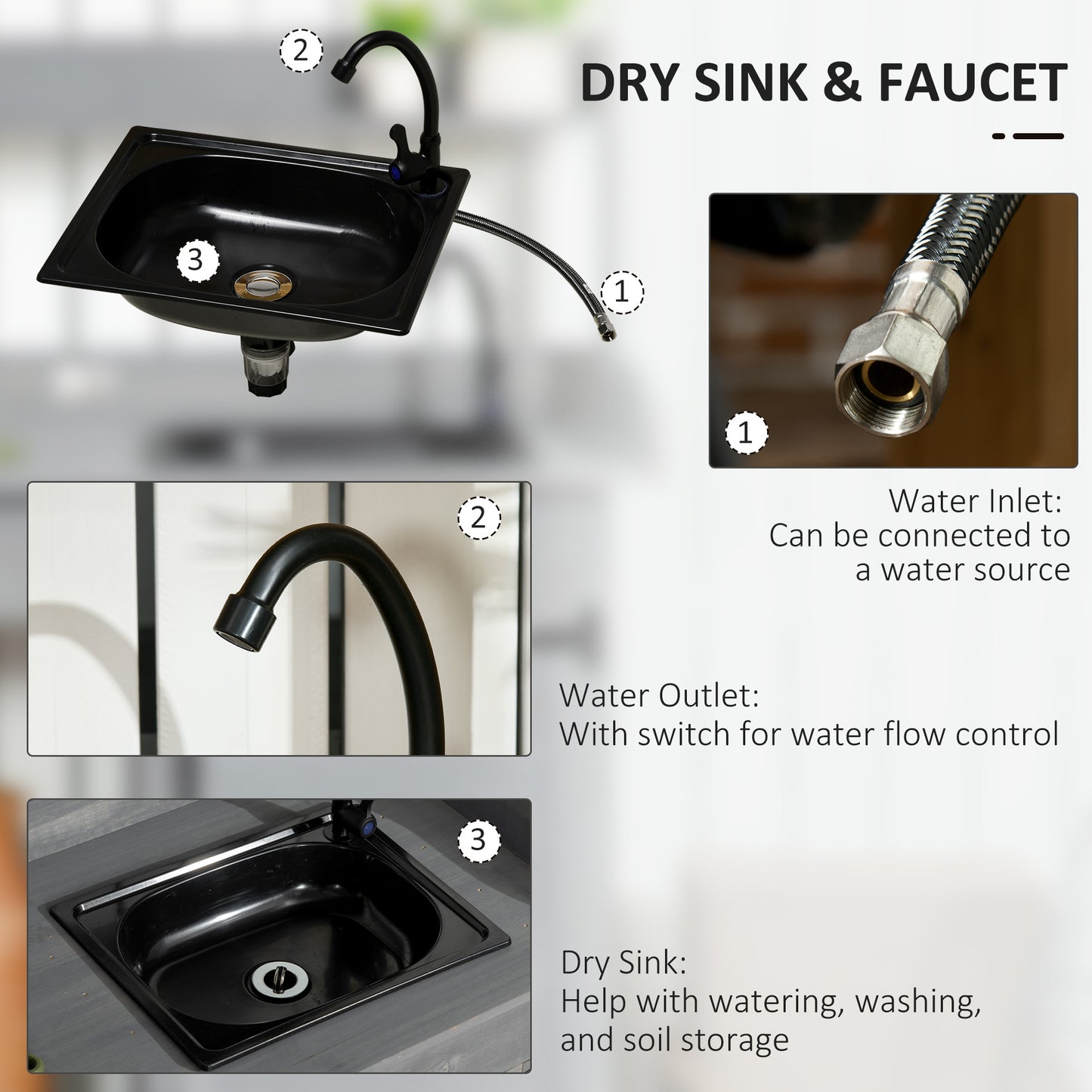 Potting Bench Table with Sink, Outdoor Work Bench Table with Storage Cabinet, Hooks, Removable Sink, Faucet and Drawer for Greenhouse, Garden, Patio, Gray