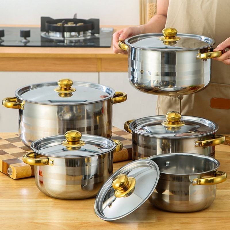 Stainless Steel Gold Handle Pot Set 18-26cm Dual-sided Stockpot Suit