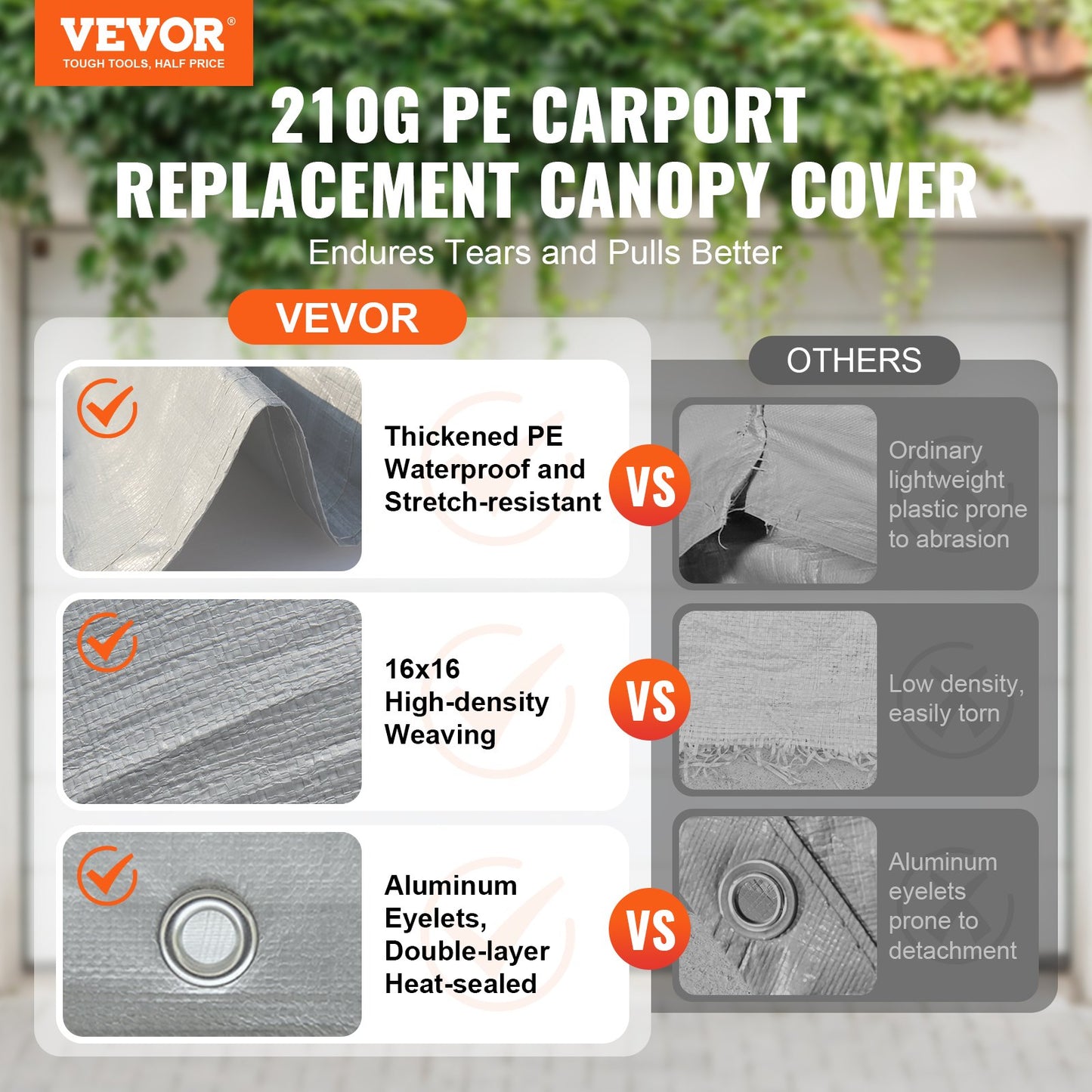 Carport Replacement Canopy Cover 12 X 20 Ft, Garage Top Tent Shelter Tarp Heavy-Duty Waterproof & UV Protected, Easy Installation With Ball Bungees,Grey Only Top Cover, Frame Not Include