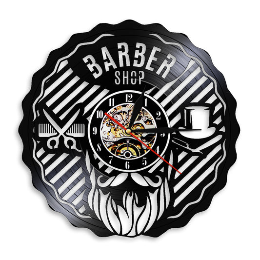 Black Gum Wall Clock Barber Gentleman Beard Vinyl