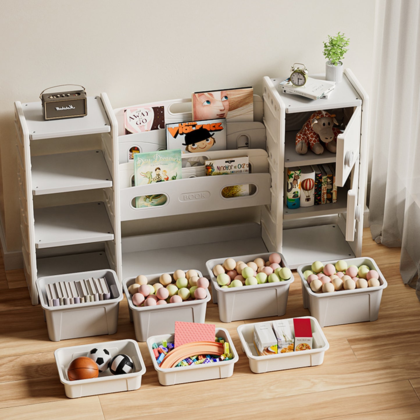 Kids Toy Storage Organizer 8 Storage Cabinet Removable Toy Bins, 4-Tier Book Organizers Storage And 2 Cabinet Storage, Kids Bookshelf And Toy Storage For Playroom, Bedroom, Kids Room