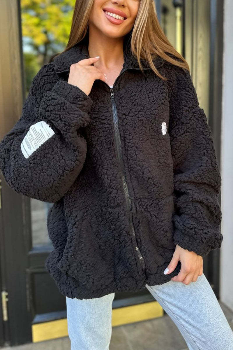 Lapel plush cardigan coat