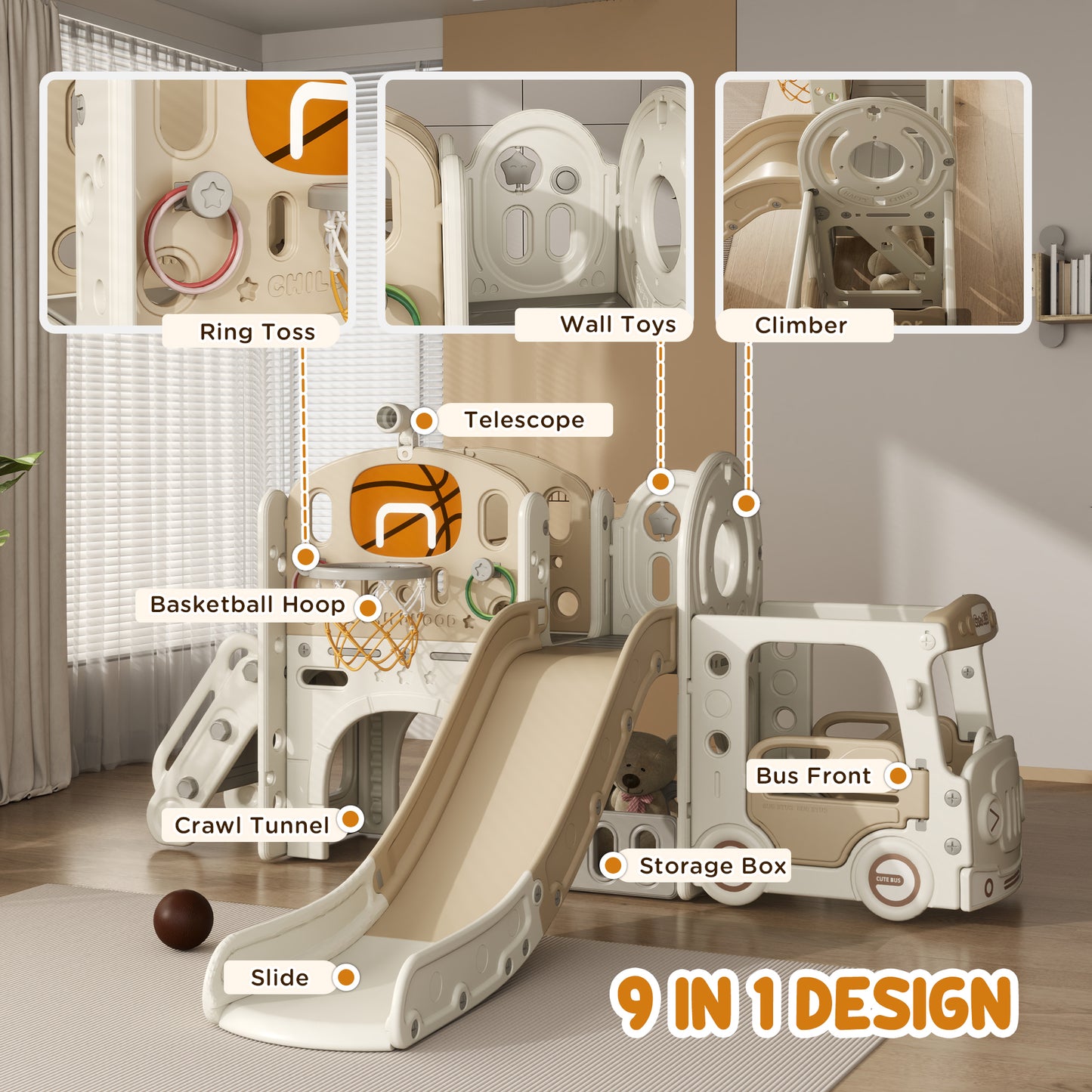 9 in 1 Toddler Slide for Kids Ages 1-6 with Bus Front, Basketball Hoop, Climber, Storage Space, Ring Toss, Cream White