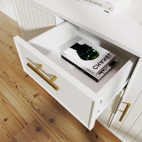 Sideboard Cabinet For Living Room, Chest Of Drawers With With 2 Doors And 3 Drawers, Adjustable Shelf, White, 40D X 120W X 75H CM