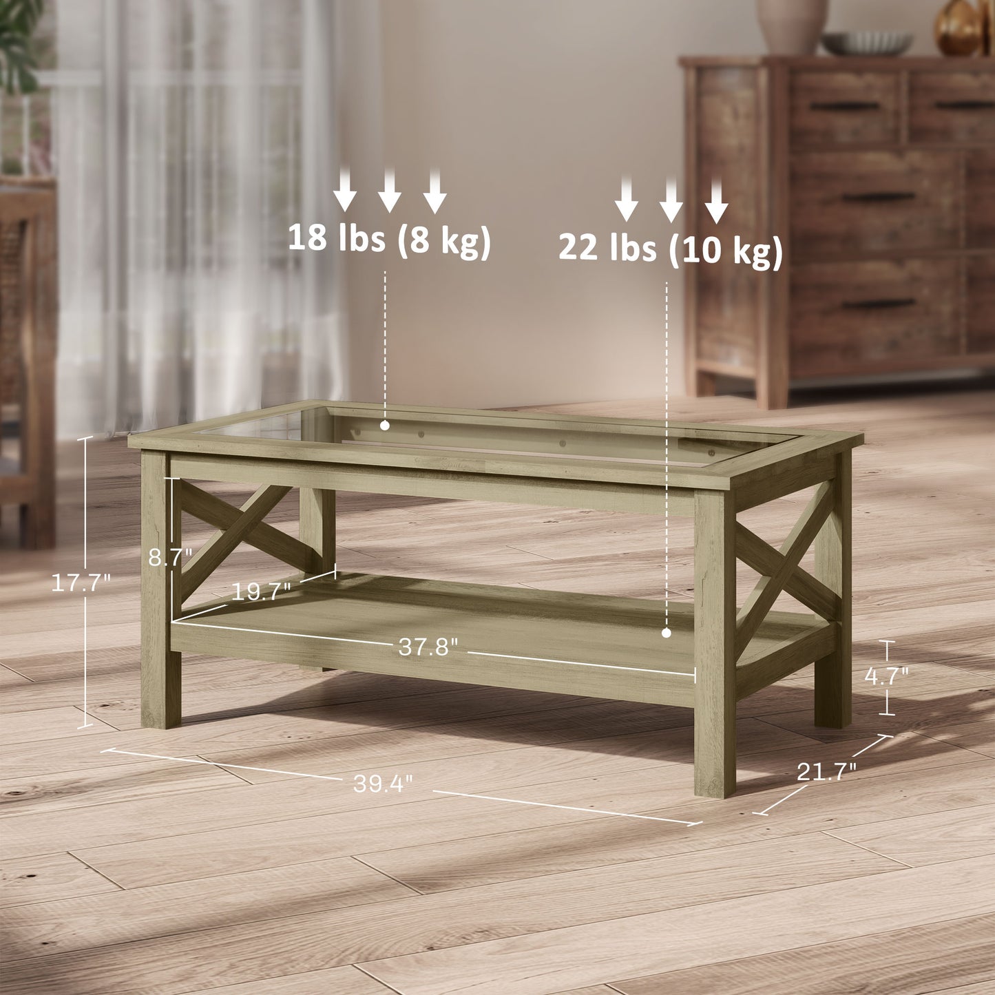 Coffee Table with Tempered Glass Tabletop, Living Room Table with Wood Frame and Underneath Storage Shelf, Gray