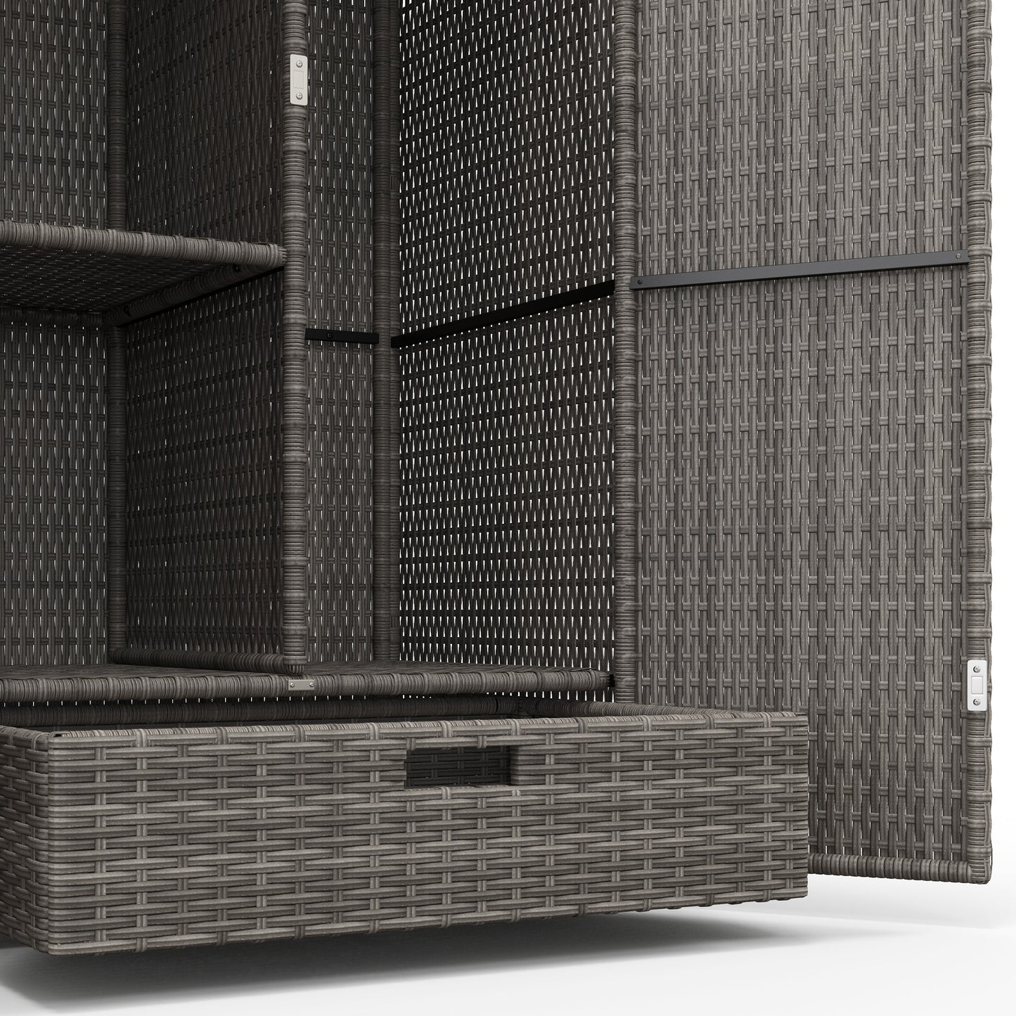 Outdoor Storage Cabinet with Shelves, Rattan Pool Towel Storage Cabinet with Removable Shelf & Drawer, Dark Gray