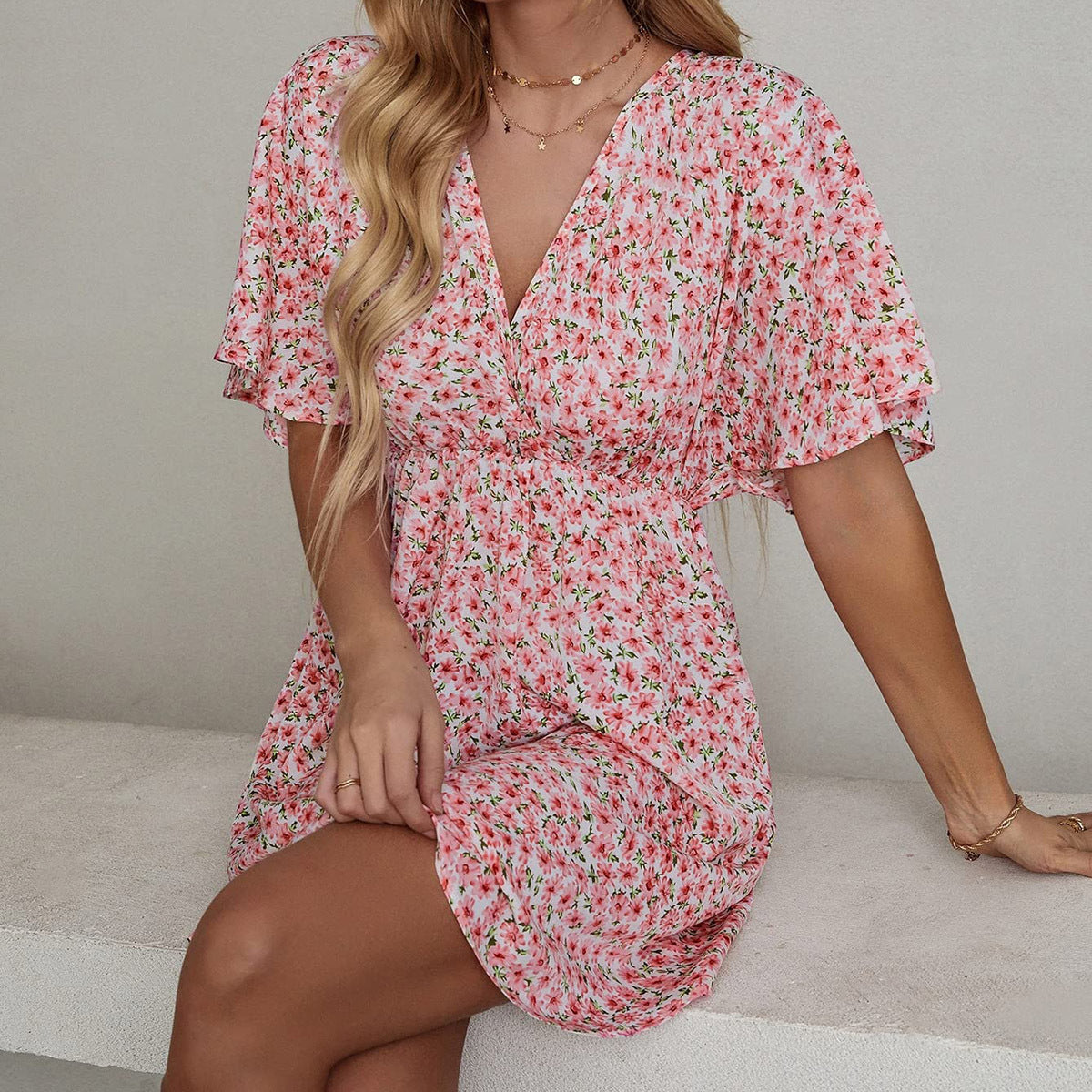 Women's Clothing Dress Printed V-neck Short Sleeve Casual