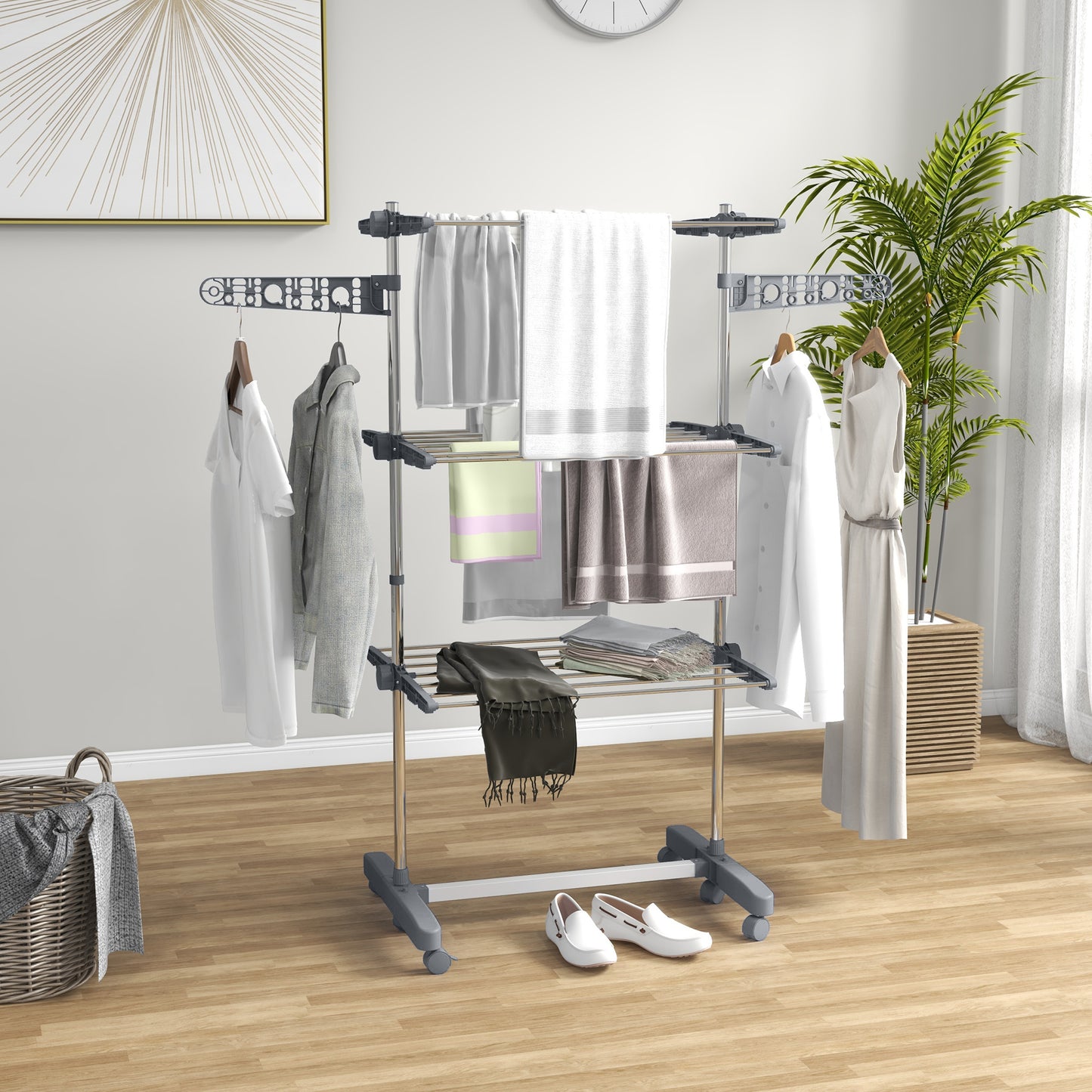 Three-Shelf Collapsing Clothes Horse, With Side Arms And Wheels - Grey