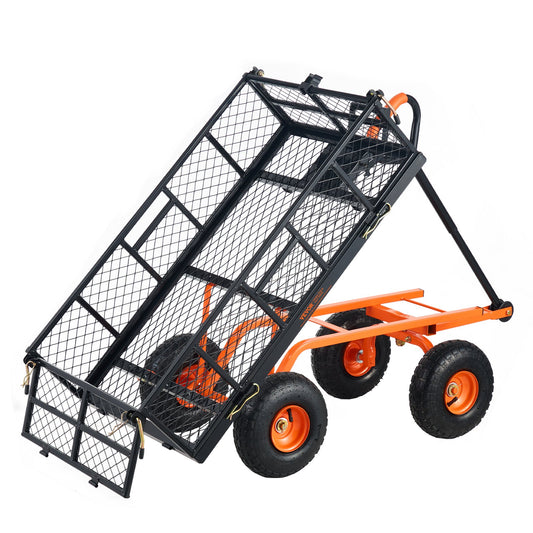 Dump Cart, Metal Garden Dump Cart With Easy To Assemble Frame, Dump Wagon With 2-in-1 Convertible Handle, Utility Wheelbarrow 880 Lbs Capacity, 10 Inch Tires