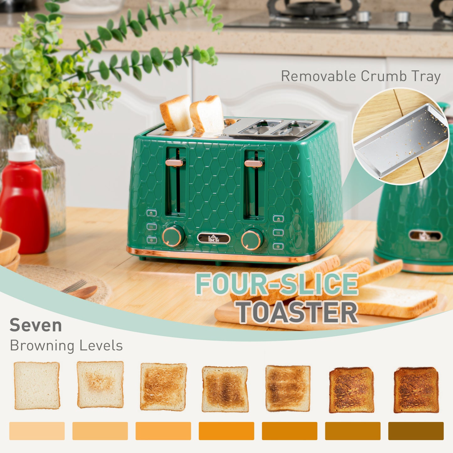 Kettle And Toaster Set, 1.7L 3000W Fast Boil Jug Kettle With Auto Shut Off, 4 Slice Toaster With 7 Level Browning Controls & Crumb Tray, UK Otter Thermostat, Green
