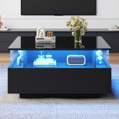 Coffee Table With Storage For Living Room, Modern LED Coffee Table, Square Tea Table With 2 Sliding Drawers Wood Center Table Acrylic Glass Coffee Table