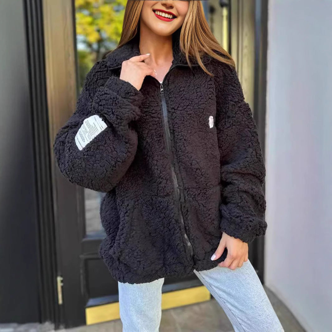 Lapel plush cardigan coat