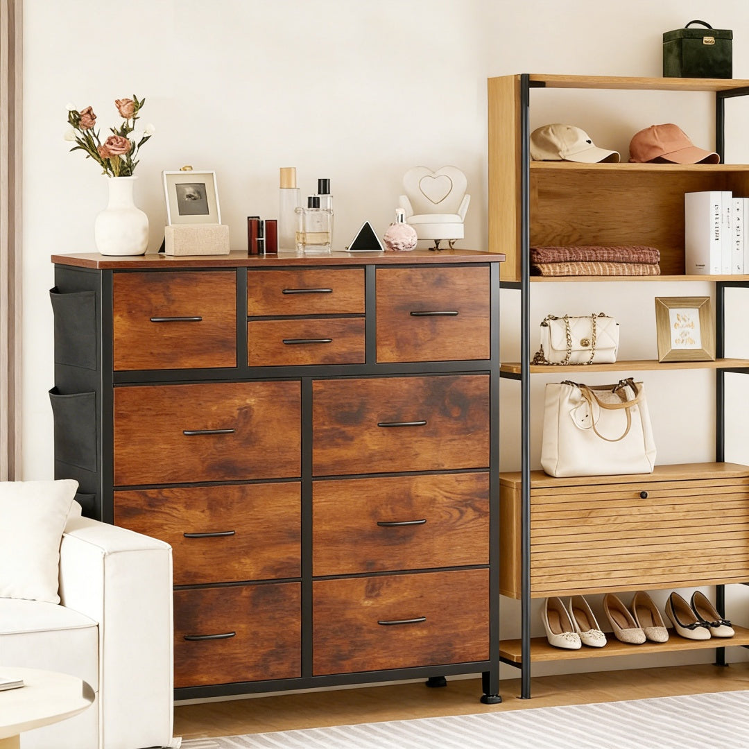 10-Drawer Dresser With Side Pocket & Hooks, Storage Cabinet With Wood Top For Bedroom Closet Organization