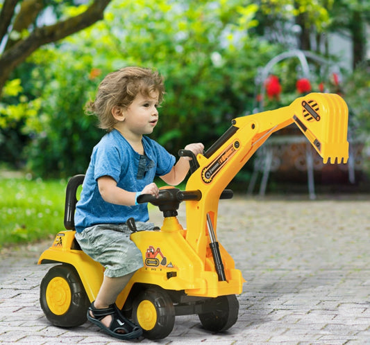3-in-1 Ride On Excavator Digger Scooter & Pulling Cart, Construction Pretend Play Toy For Kids
