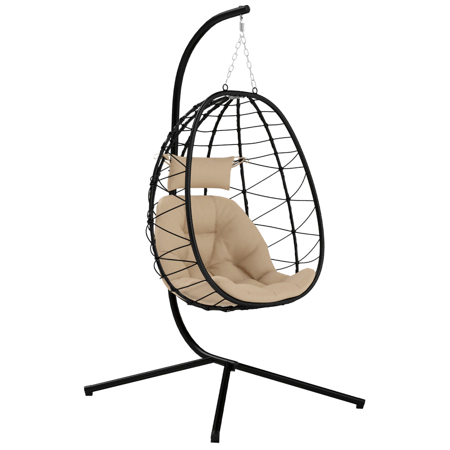 Hanging Egg Chair Outdoor Indoor Garden Swing Chair With Folding Basket, Thickened Cushion, Garden Hanging Chair With Stand, Headrest For Patio, Balcony, Khaki