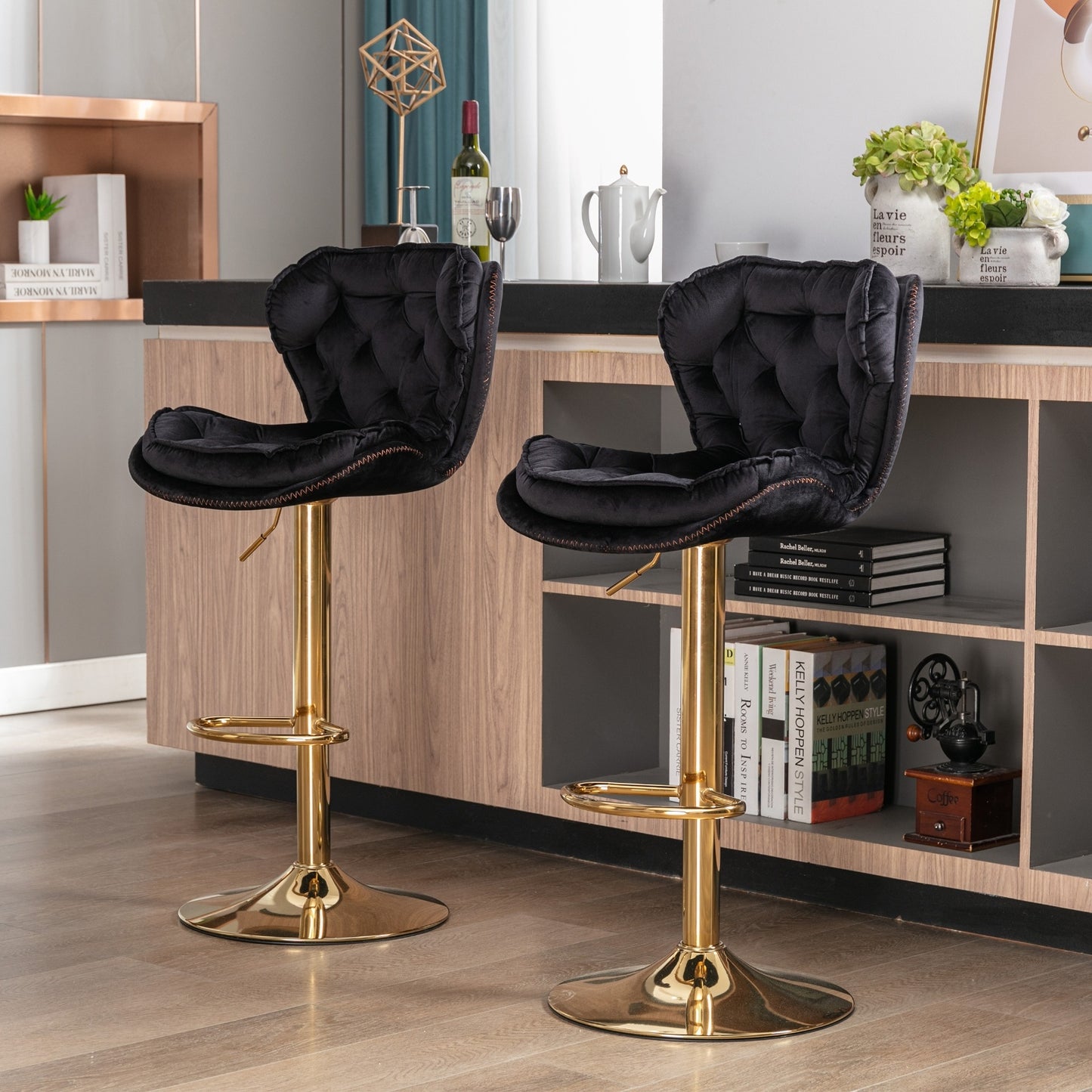 Set Of 2 Bar Stools Chrome Base, Swivel, Adjustable Height, Velvet