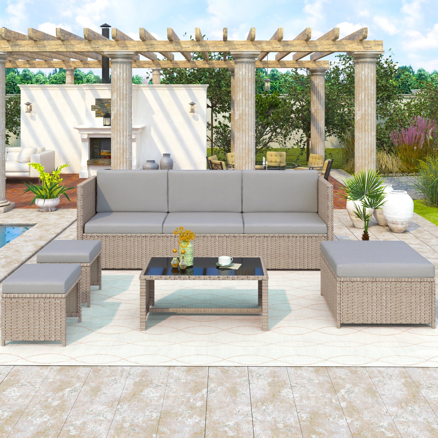 4-6 Seater Garden Lounge Set, Garden Furniture Set, Ratten Sofa, Seating Group, Patio Furniture,Khaki