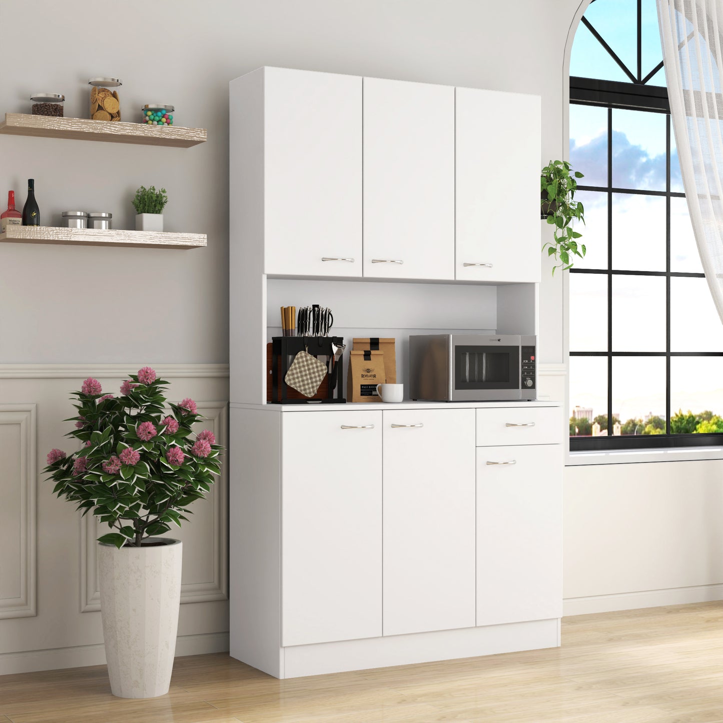 70.87 Tall Wardrobe& Kitchen Cabinet, With 6-Doors, 1-Open Shelves And 1-Drawer For Bedroom,White