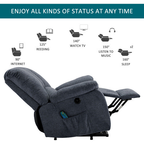 Electric Power Lift Recliner Chair Sofa With Massage And Heat For Elderly 2 Side Pockets USB Ports Single Recliner Chairs For Living Room Overstuffed Fabric Reclining