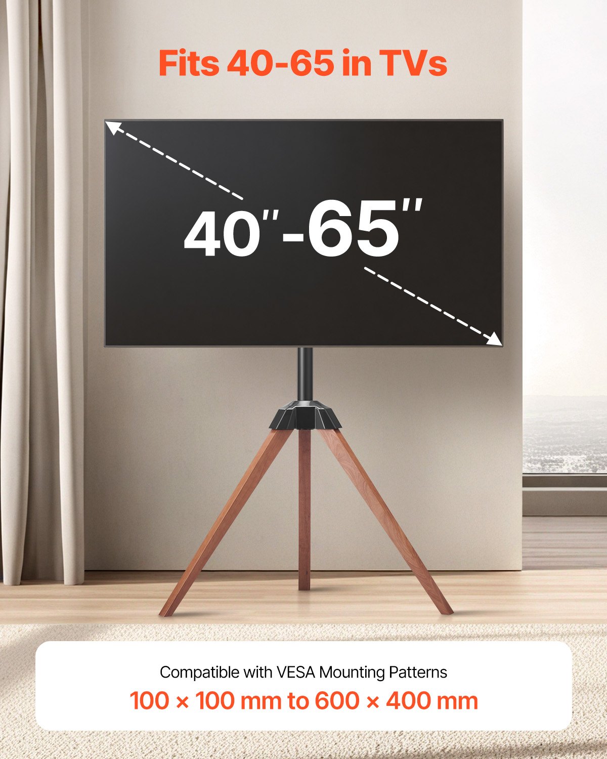 TV-Ständer Mit Stativ-Staffelei Für 1016-1651 Mm Flach & Curved-TVs Bis Zu 45 Kg, 18° Links-Rechts-Drehung, Tragbarer Fernsehständer Mit Beinen Aus Holz Für Schlafzimmer Wohnzimmer Studio