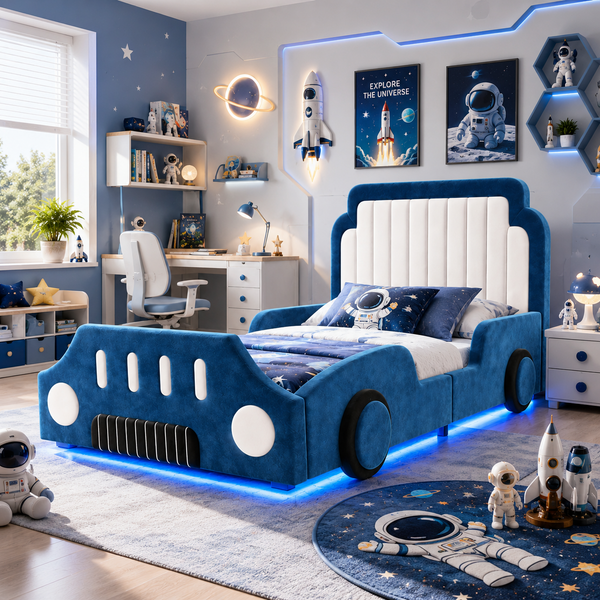 Children S Bed 3FT-90 X 190cm, Upholstered Bed, Single Bed, Car-shaped Design, With Safety Rails, With LED Lighting, Velvet, Blue