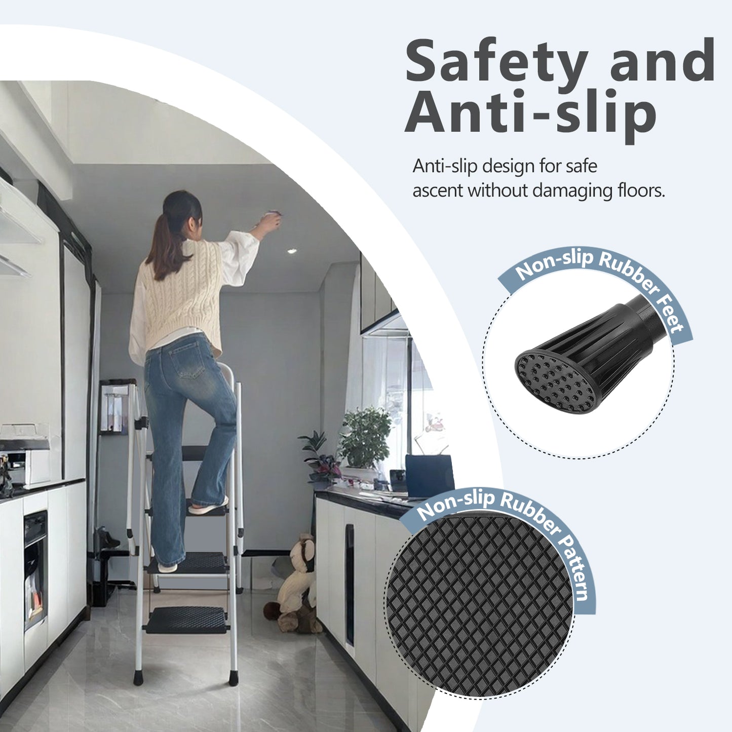 Ladder, Folding Ladder Stool, With Anti Slip Wide Pedals, Steel Ladder, With Safety Anti Slip Handle, Lightweight 330 Pound Portable Steel Ladder Stool In White 5 Steps