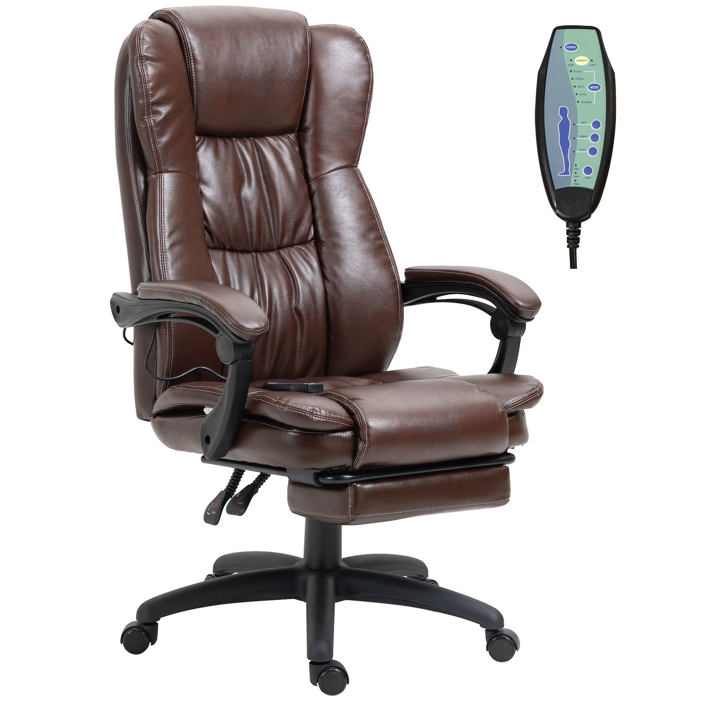High Back Massage Office Chair with 6-Point Vibration, 5 Modes, Executive Chair, PU Leather Swivel Chair with Reclining Back, and Retractable Footrest, Brown