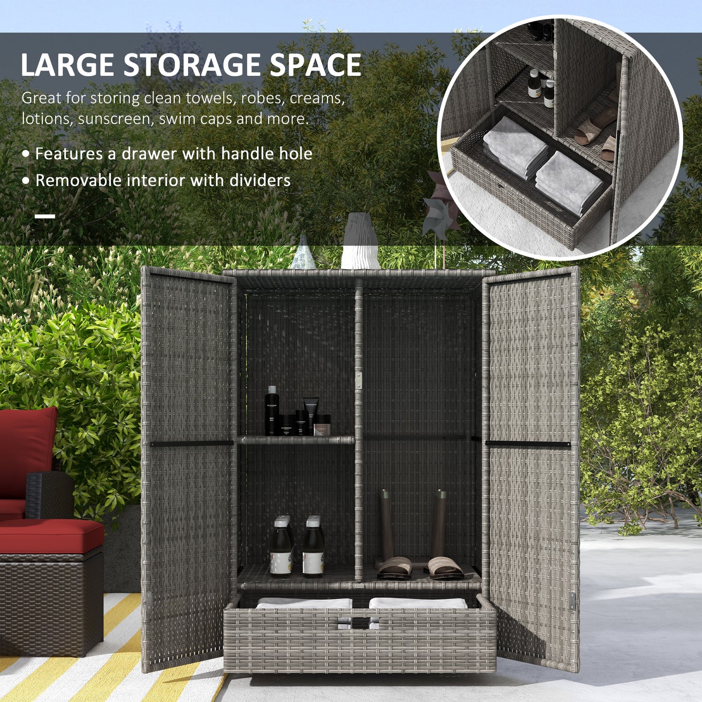 Outdoor Storage Cabinet with Shelves, Rattan Pool Towel Storage Cabinet with Removable Shelf & Drawer, Dark Gray