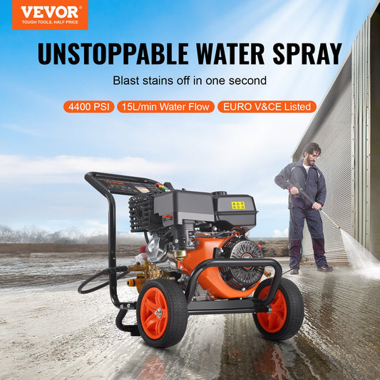 Benzin-Hochdruckreiniger, 4400 PSI 15 L/min, 2,6 GPM Terrassenreinger Mit Kupferpumpe, Hochdruckpistole & Verlängerungsstab, 5-Düsen-Set, Für Autos, Zäune, Häuser, Einfahrten, Terrassen, Möbel