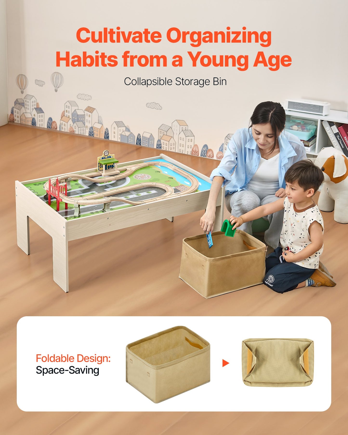 Train Table, 84 Multicolor Pieces Wooden Kids Activity Table With Collapsible Storage Bin, 3-in-1 Wooden Train Set For Gaming, Drawing, Reading, Eating, Creative Toy Set For Kids Ages 3+