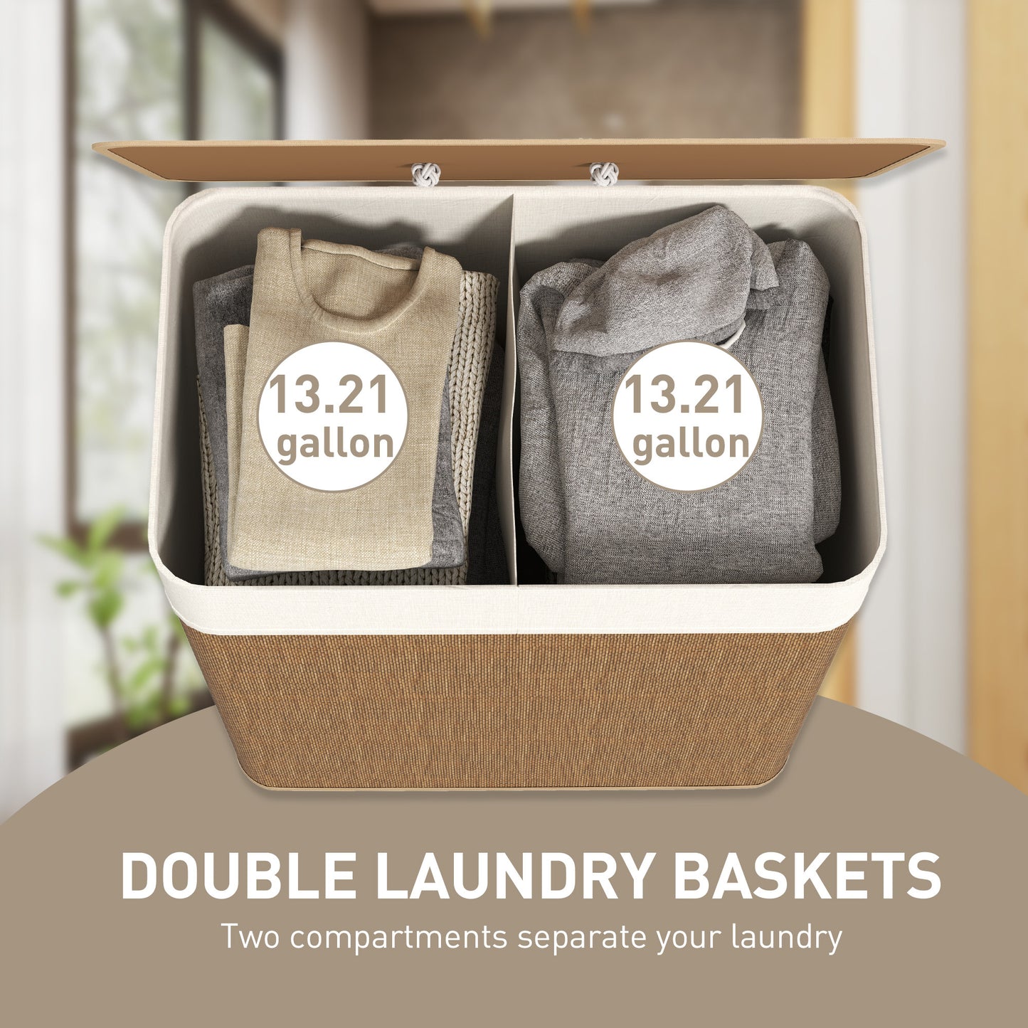Double Laundry Basket With Lid, 26.4 Gallon Bamboo Laundry Hamper With Rope Handles And Removable Liner, Brown