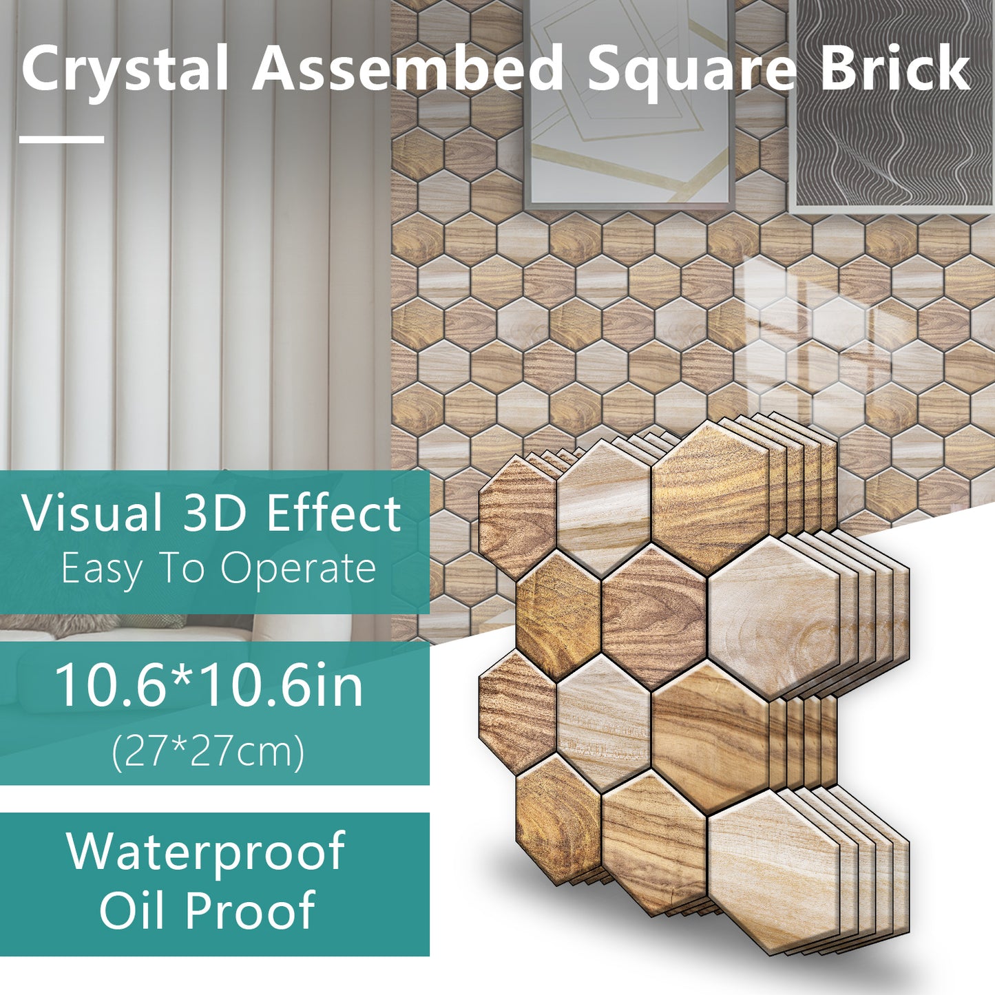 Hexagonal Peel Back Tiles, Kitchen And Bathroom Stickers, Wood Grain PVC Waterproof And Oil Proof Easy To Install Self-adhesive Wall Stickers Smooth And Easy To Clean