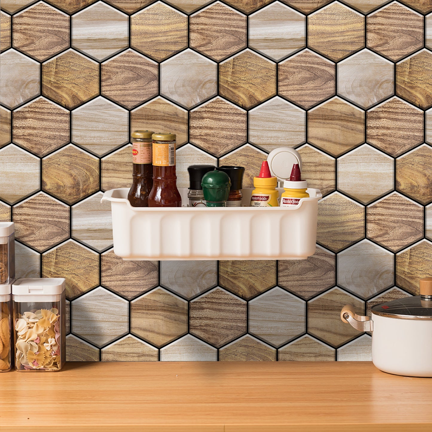Hexagonal Peel Back Tiles, Kitchen And Bathroom Stickers, Wood Grain PVC Waterproof And Oil Proof Easy To Install Self-adhesive Wall Stickers Smooth And Easy To Clean