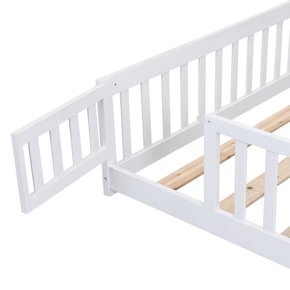Twin Size Floor Bed With Door,Solid Wood Platform Bed Frame With Fence,Suitable For Children,Pine Wood,