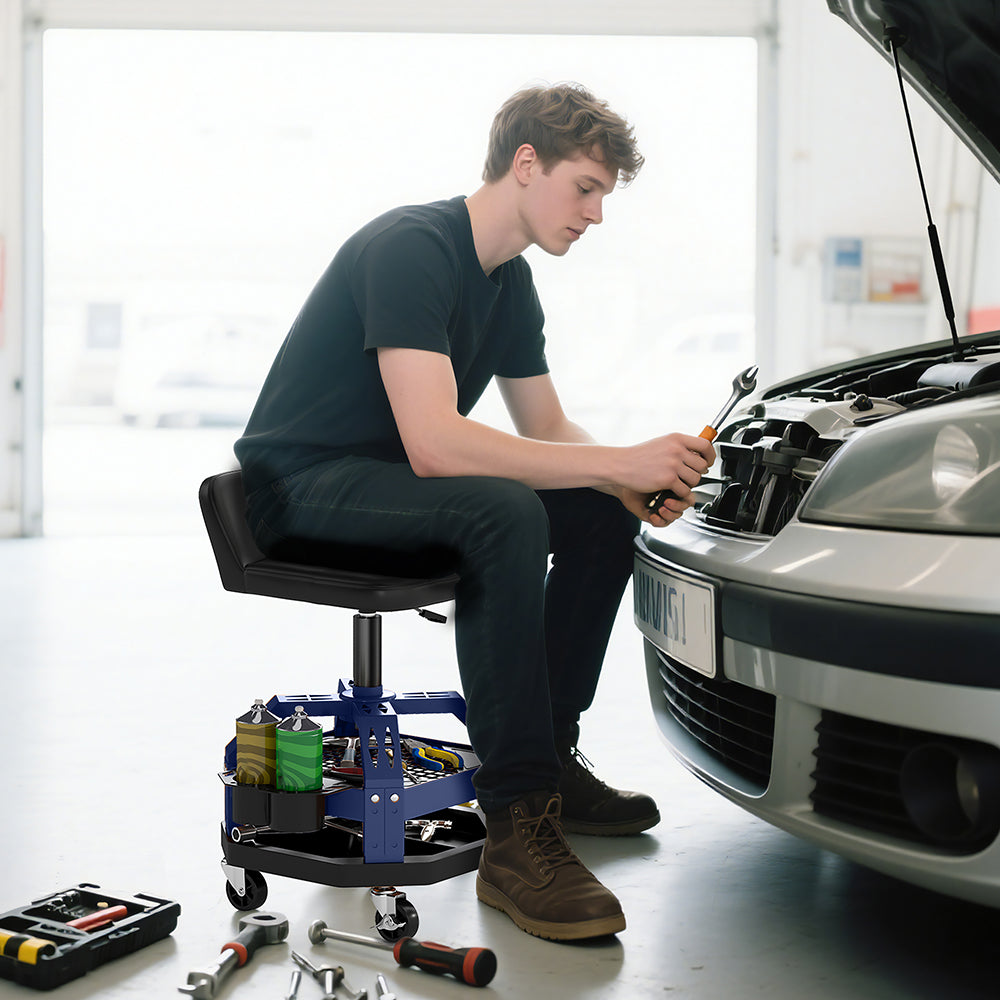 Rolling Creeper Garage Stool, 300 LBS Capacity Mechanic Stool With 360 Degrees Wheels, Tool Tray, Adjustable Height, Blue