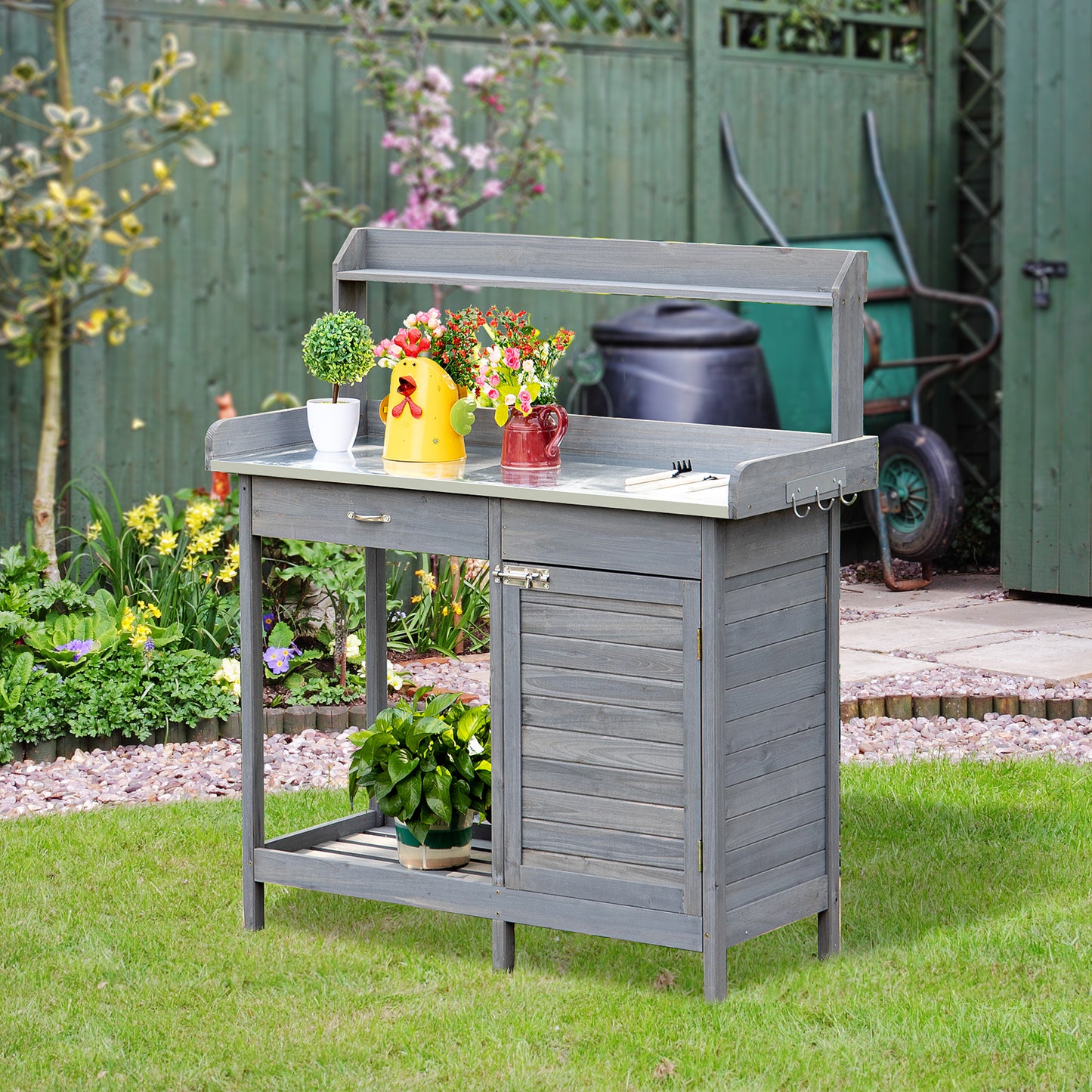 Outdoor Potting Bench Table, Garden Work Station with Storage Cabinet, Open Shelf and Steel Tabletop, Gray