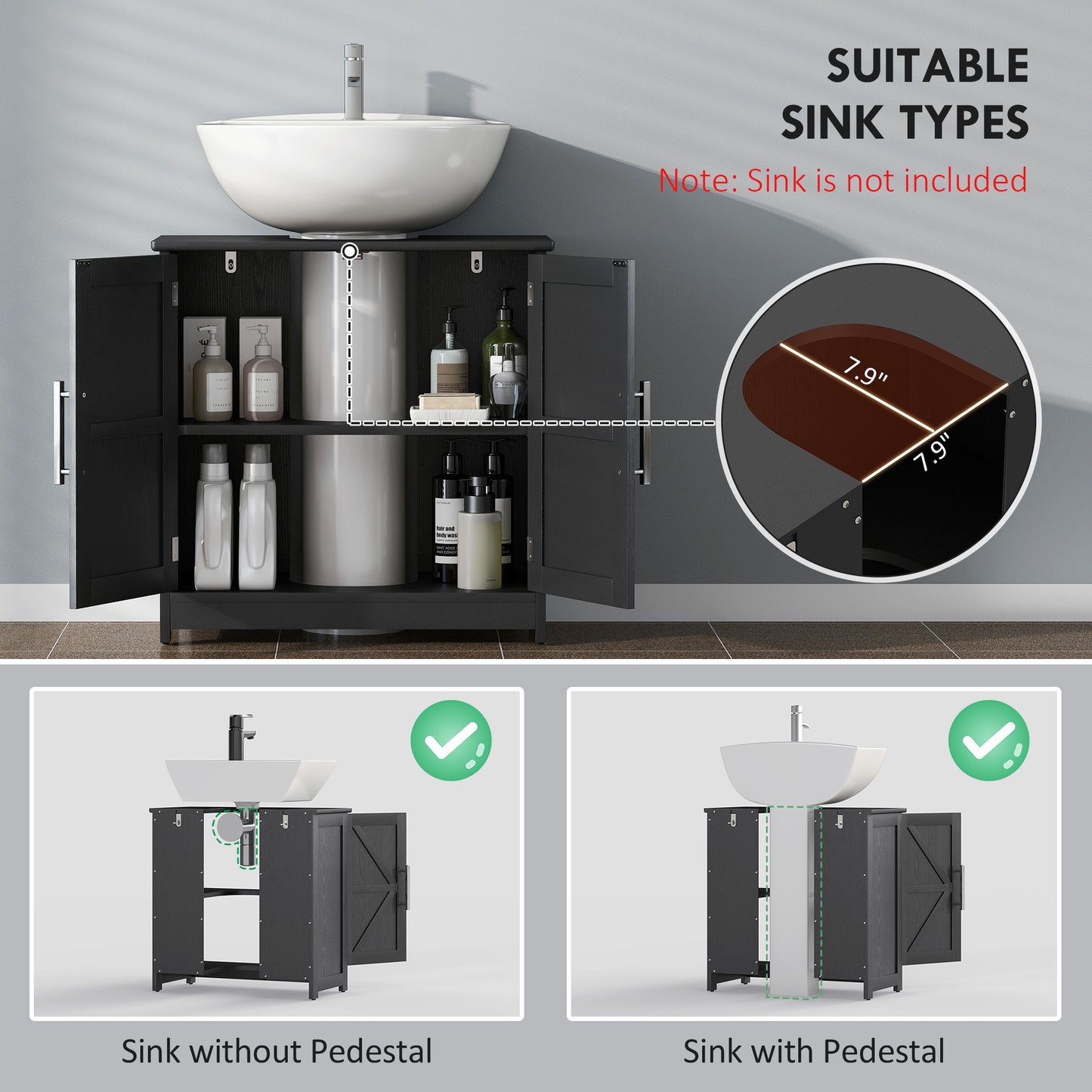 Farmhouse Pedestal Sink Storage Cabinet, Bathroom Sink Cabinet with 2 Barn Doors and Adjustable Shelf, Distressed Black
