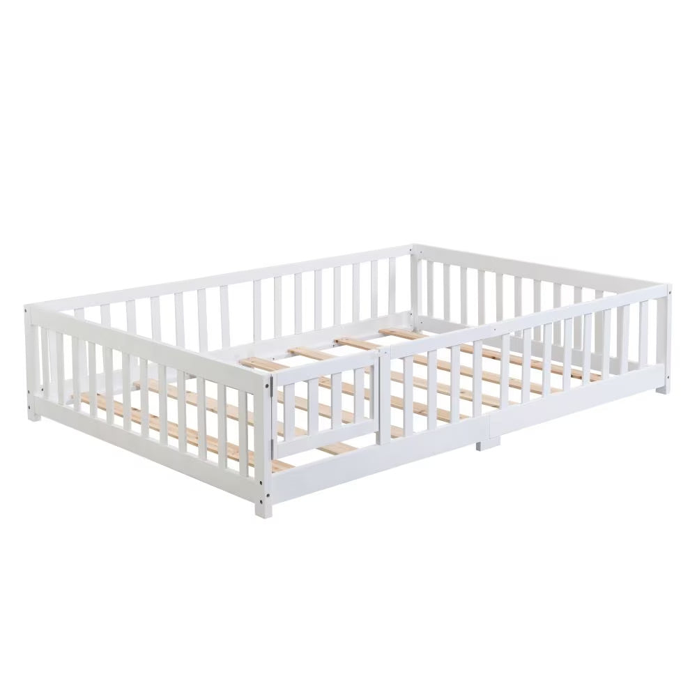 Twin Size Floor Bed With Door,Solid Wood Platform Bed Frame With Fence,Suitable For Children,Pine Wood,