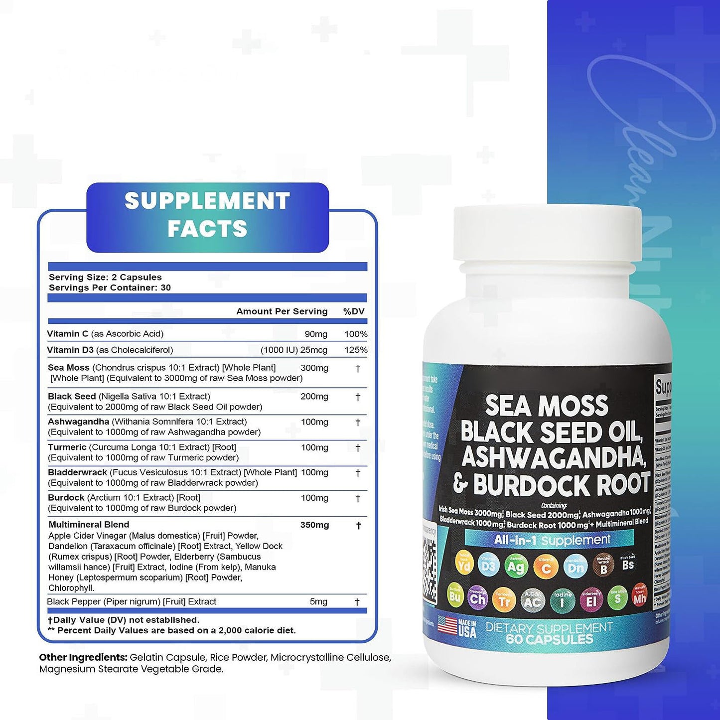 Clean Sea Moss + Ashwagandha Maca Root Bundle with Black Seed Oil, Burdock Root, Fenugreekand More