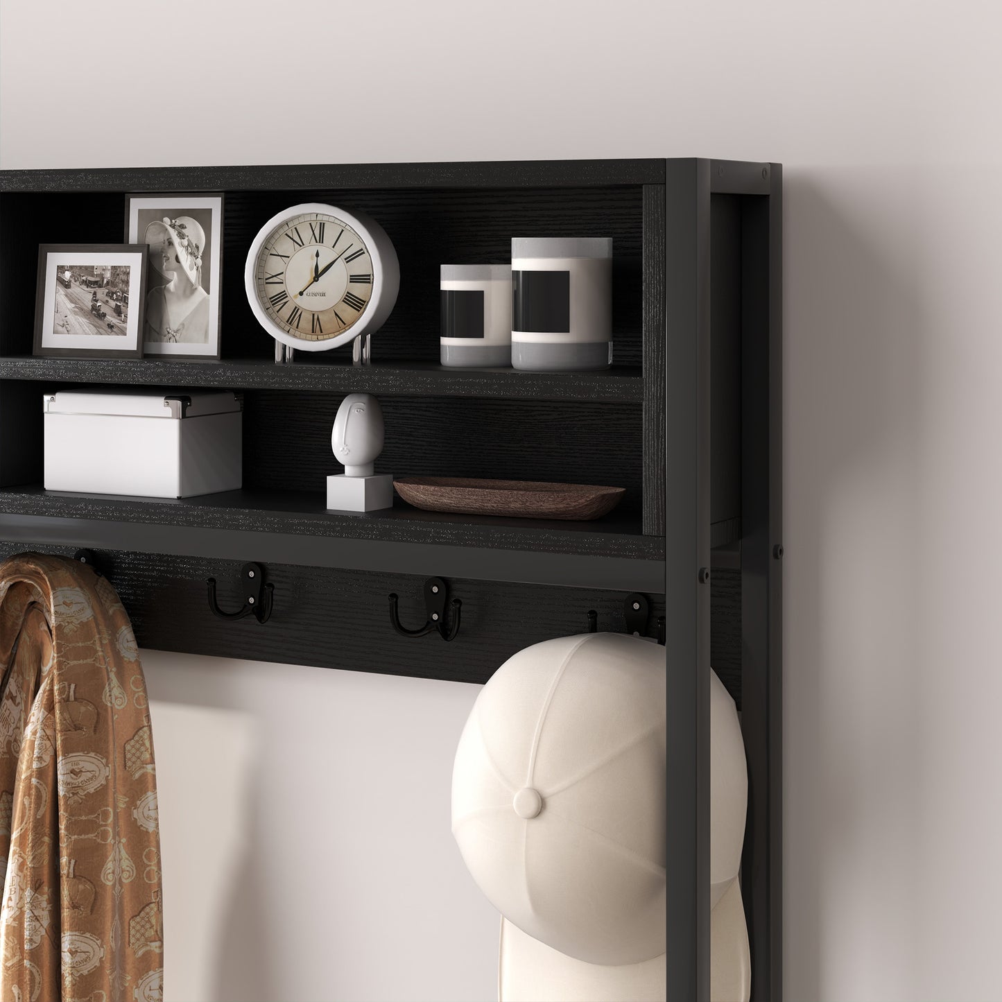 Hall Tree with Bench and Shoe Storage, 5-in-1 Entryway Bench with Coat Rack, 3 Storage Shelves, 2 Fabric Drawers, Black