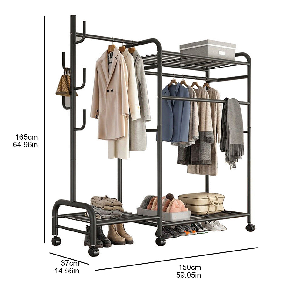 Heavy Duty Double Clothes Rail Rack Garment Hanging Stand Wardrobe Shelf--25Q-WIN-UK-Clothes Black