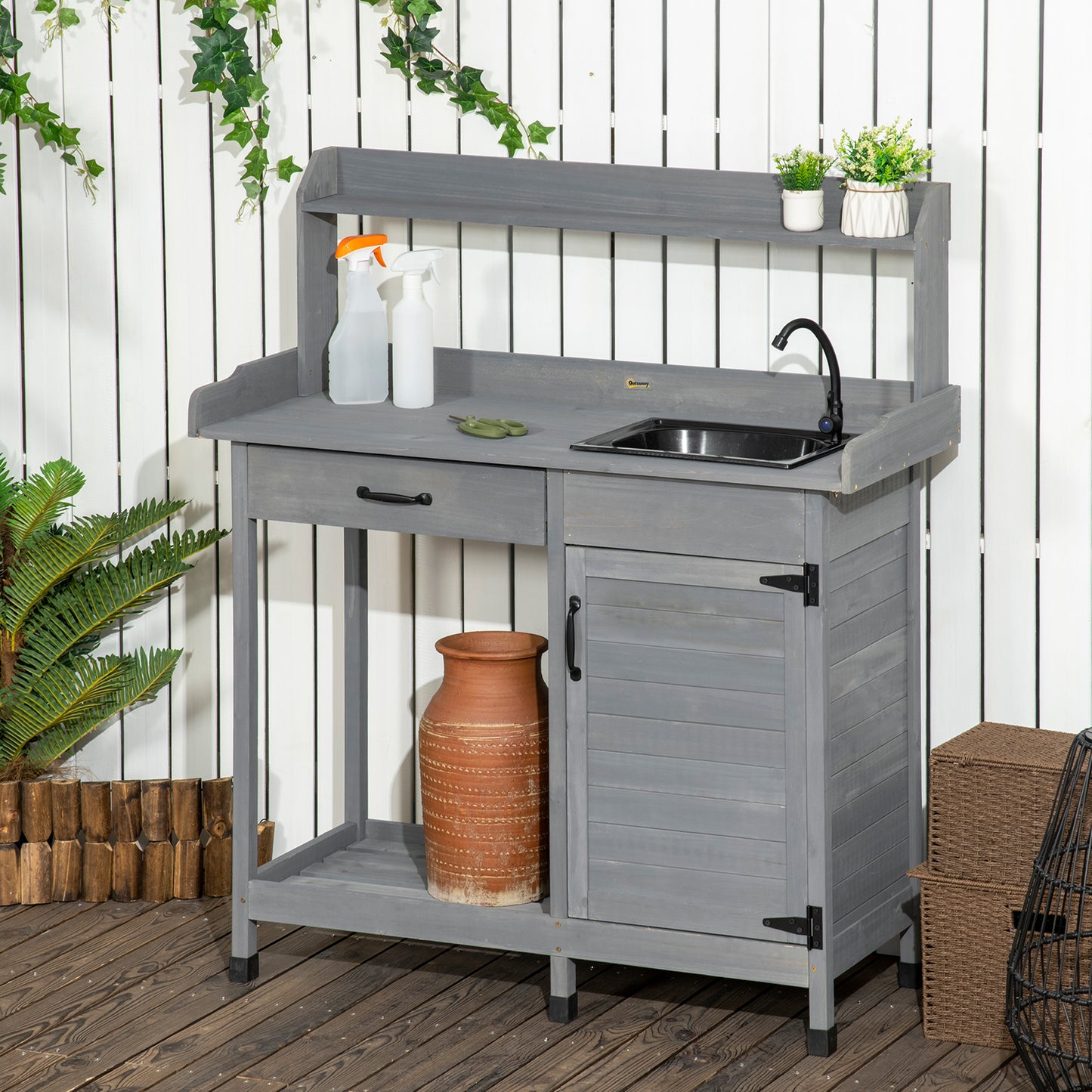 Potting Bench Table with Sink, Outdoor Work Bench Table with Storage Cabinet, Hooks, Removable Sink, Faucet and Drawer for Greenhouse, Garden, Patio, Gray