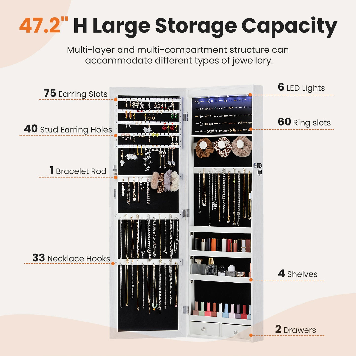 Wall-door Mounted Jewelry Wardrobe Large Capacity Mirror And LED Light Lockable Organizer