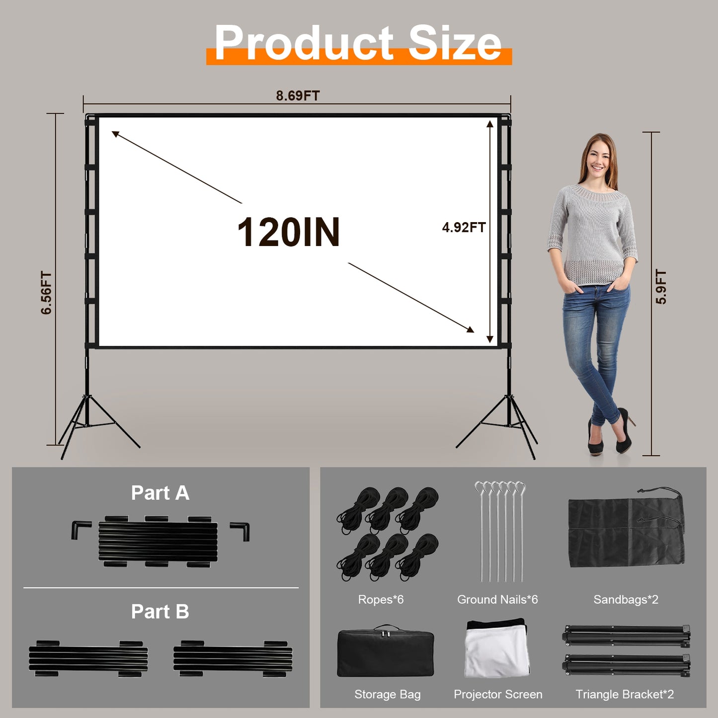 1Pc 120inch Or 100inch Projector Screen With Stand 16 9 4K HD Rear Front Wrinkle Free Portable And Foldable Movie Screen With Carry Bag For Indoor Outdoor Home Theater Backyard Cinema