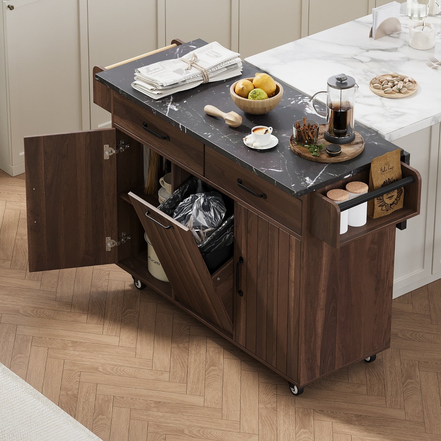 K&K Kitchen Island With Trash Can Storage Cabinet, Kitchen Cart With Drop Leaf, Spice Rack, Towel Ra