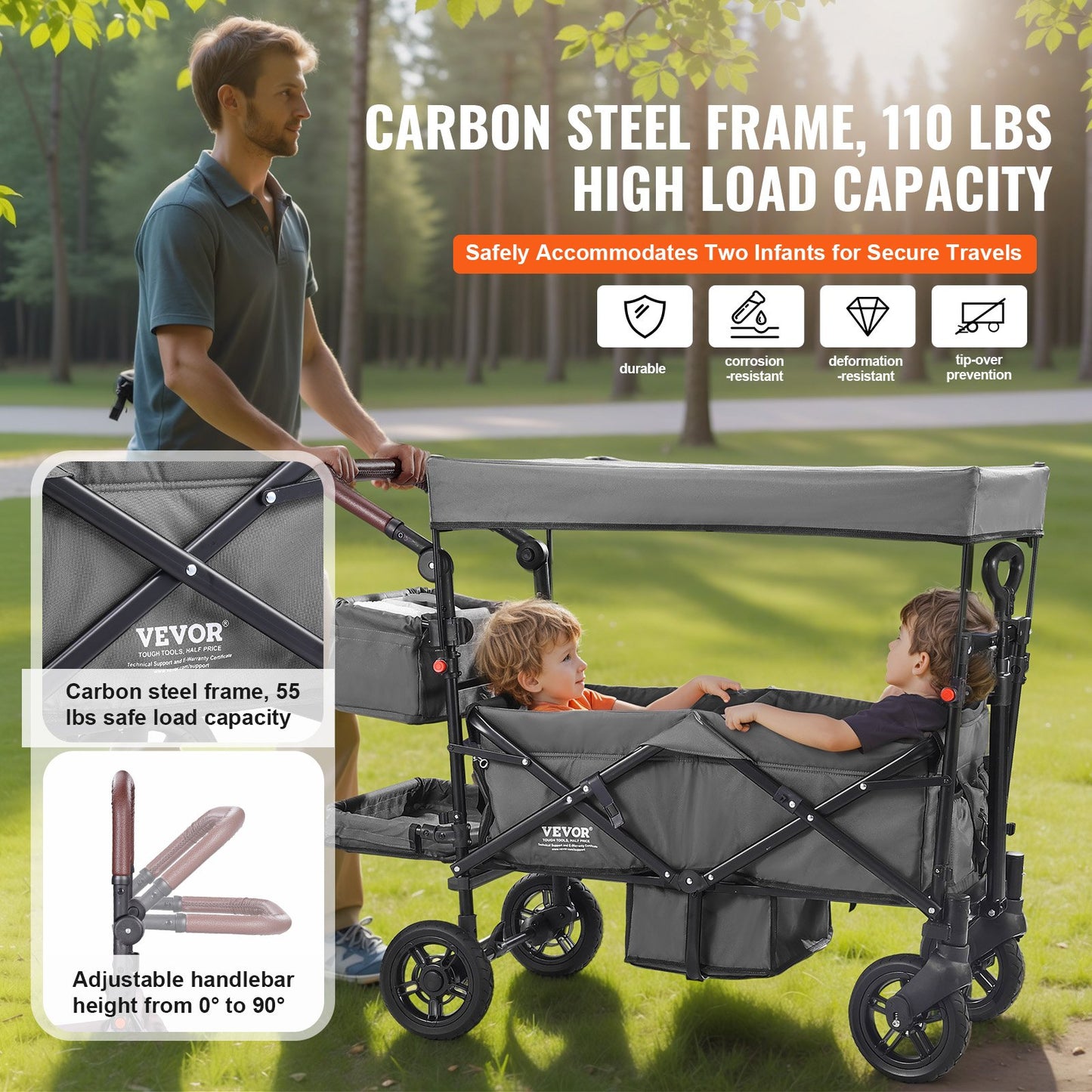 Wagon Stroller For 2 Kids, Push Pull Quad Collapsible Stroller With Adjustable Handle, Encircling Harness Removable Canopy, 4 Wheels W/ Brakes, Mutifunction Tandem Stroller For Camping Dark Grey