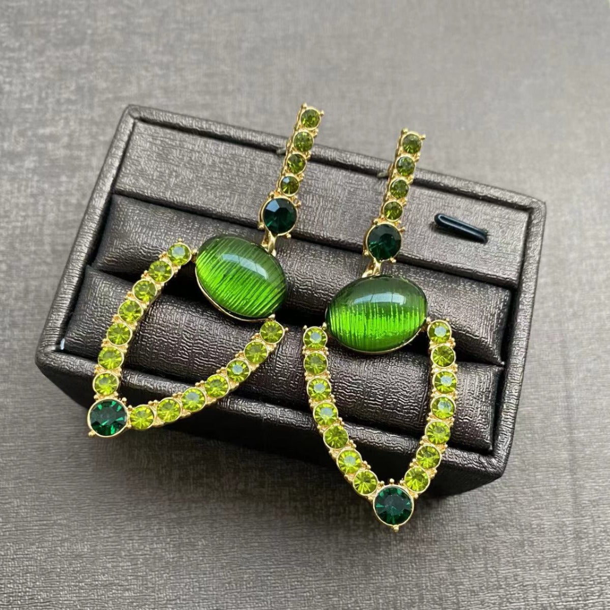Exaggerated Diamond-studded Vintage Green Hollow-out Stud Earrings