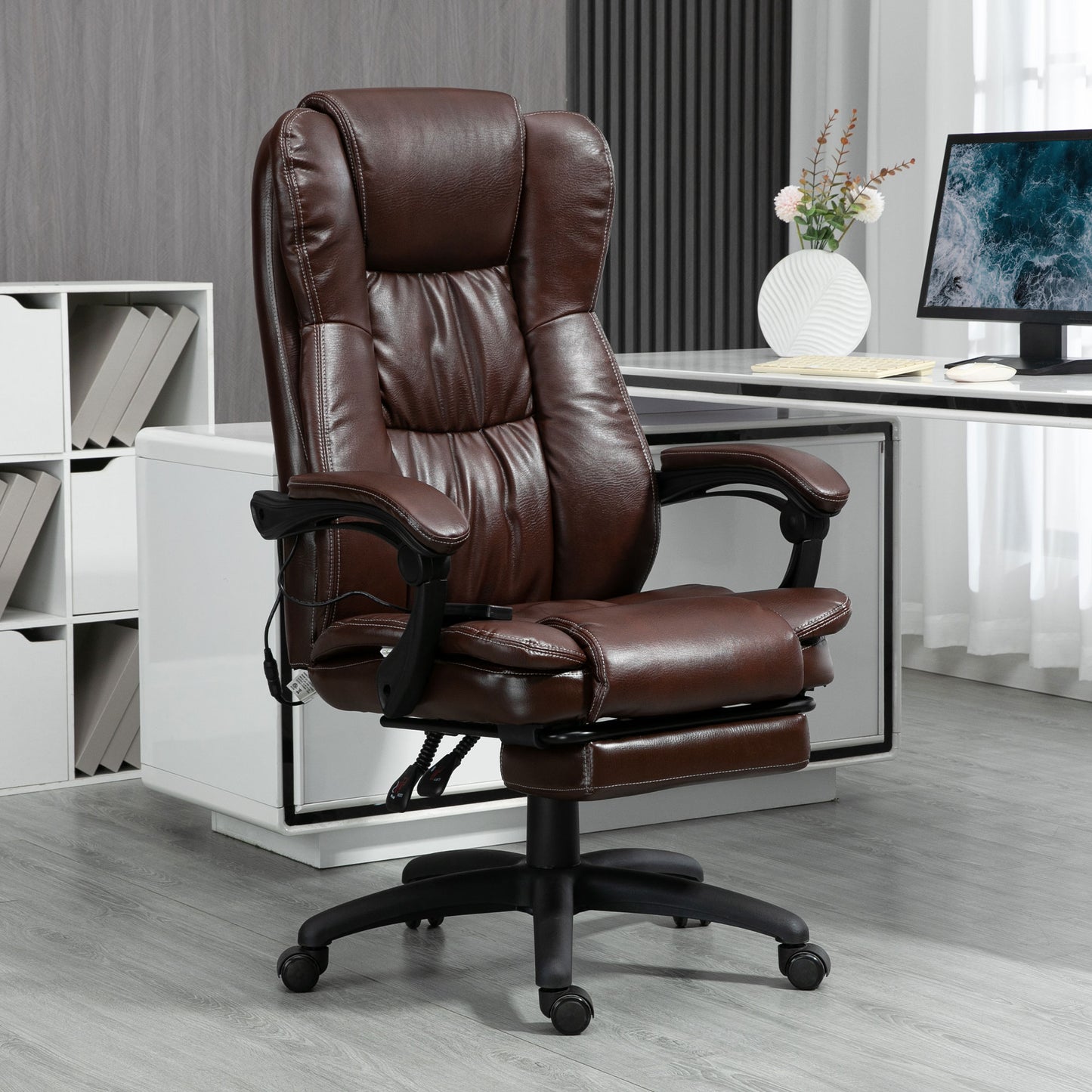 High Back Massage Office Chair with 6-Point Vibration, 5 Modes, Executive Chair, PU Leather Swivel Chair with Reclining Back, and Retractable Footrest, Brown